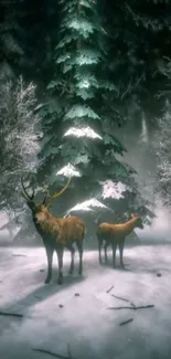 Majestic deer in a snowy winter forest setting with tall trees.