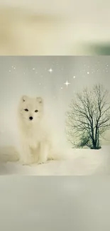 White arctic fox in a winter landscape with a distant tree.