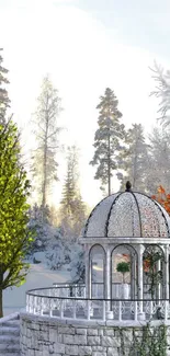 Snowy landscape with gazebo and trees.