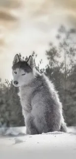 A majestic husky sits in a snowy winter forest with blurred trees.