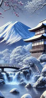 Scenic Japanese winter landscape with pagoda.