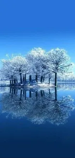 Snowy trees reflect on a serene blue lake.