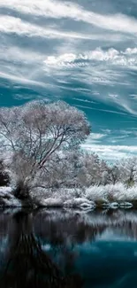 Serene winter landscape with lake reflection and cloudy sky.