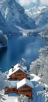 Snowy cabin by tranquil lake with mountains in winter.
