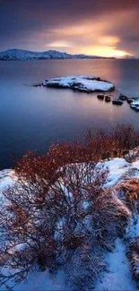 Serene winter sunset over a snow-covered lake.