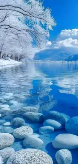 Serene winter lake with snow-covered trees and blue sky reflection.