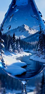 Stunning winter landscape inside water droplet.