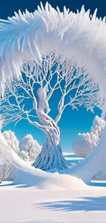 Majestic snow-covered tree encircled by frost against a blue sky.