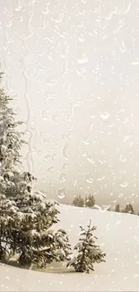 Snow-covered trees in a serene winter landscape under a misty sky.