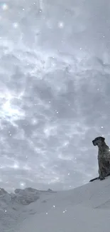 Lone silhouette on snowy hill under cloudy sky.