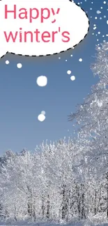 Snowy forest with blue sky and 'Happy winter's' text in speech bubble.