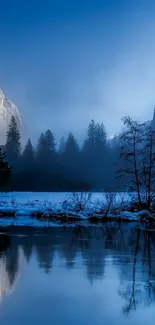 Serene winter landscape with snow and calm water reflection.