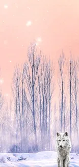 Majestic lone wolf in snowy forest with pastel sky wallpaper.