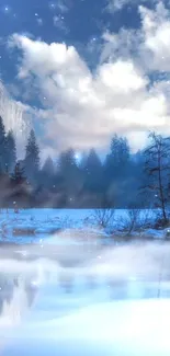 Serene winter landscape with snowy mountains and a calm lake.