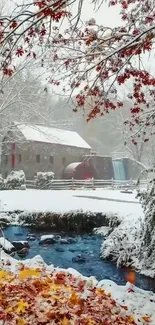 Snowy landscape with a historic mill and stream.