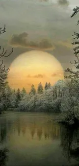 Serene wallpaper of a winter moonrise over a tranquil lake and snowy trees.