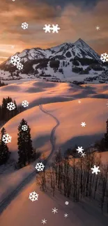 Snowy mountain landscape with sunset glow.