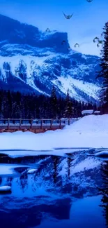 Snowy mountain reflecting in a still lake.