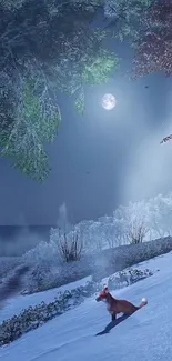 Fox in moonlit snowy landscape with trees.