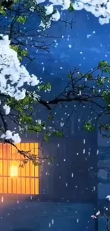 Serene winter night scene with snow and a lit window.