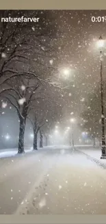 Snow-covered street with glowing lights at night.