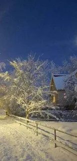 Snow-covered trees and house under a moonlit winter sky.