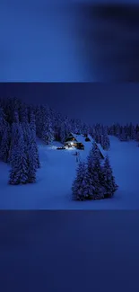 Snowy winter forest with cabin at night.