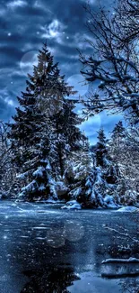 Dark blue winter night with snow-covered river and trees.