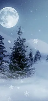 Winter night with moonlit forest and snowflakes