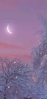 Serene winter night scene with crescent moon and snowy branches.