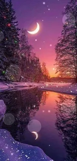 Purple winter night landscape with moon and river reflection.