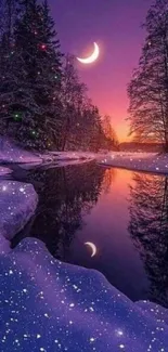 Serene winter nightscape with crescent moon reflection.