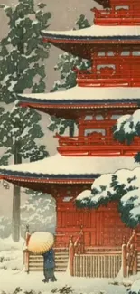 Snow-covered Japanese pagoda with red details in tranquil winter setting.