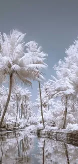 Snow-covered palm trees reflecting in a serene winter river.