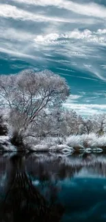 Serene winter landscape with frosted trees and reflective lake.