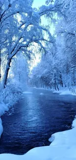 Serene winter river with snow-laden trees and icy blue waters, showcasing nature's tranquility.