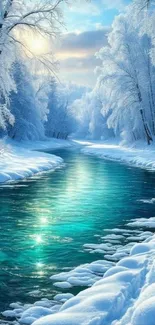 Scenic winter river flowing through snow-laden forest.