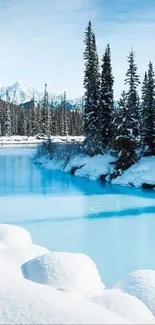 Snowy river and trees under clear blue sky wallpaper.