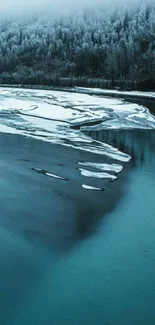 Serene winter river with frosted trees and ice.