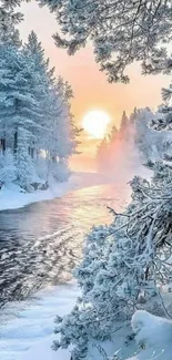 Serene winter river with sunset glow