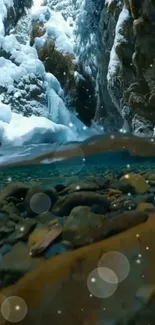 Serene winter river with snow and ice, reflecting nature's tranquility.