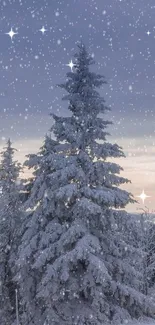 Snow-covered trees in a tranquil winter landscape with a soft pastel sky.