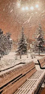 Snow-covered park benches under glowing street lights at night.