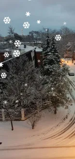 Snowy street view with trees and houses in winter twilight.