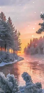 Snowy river landscape with vibrant sunrise and frosty trees.