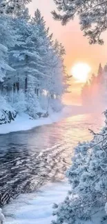 Serene winter sunrise over a frozen river with snow-covered trees.