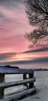 Snowy landscape with pink sunset sky and tree silhouette.