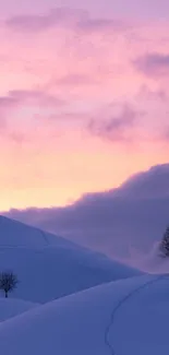 Snowy hills with trees at sunset under a lavender and pink sky.