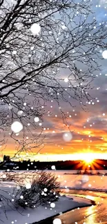 Serene winter sunset over a snowy river landscape.