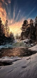 Snowy river in forest at sunset with colorful sky.